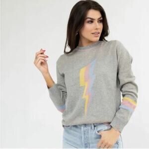 KARLIE Rainbow Lightning Bolt Distressed Pullover Sweater Gray Women's Small